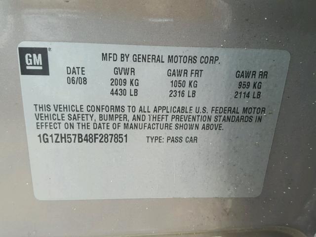 1G1ZH57B48F287851 - 2008 CHEVROLET MALIBU 1LT 米色 照片 10