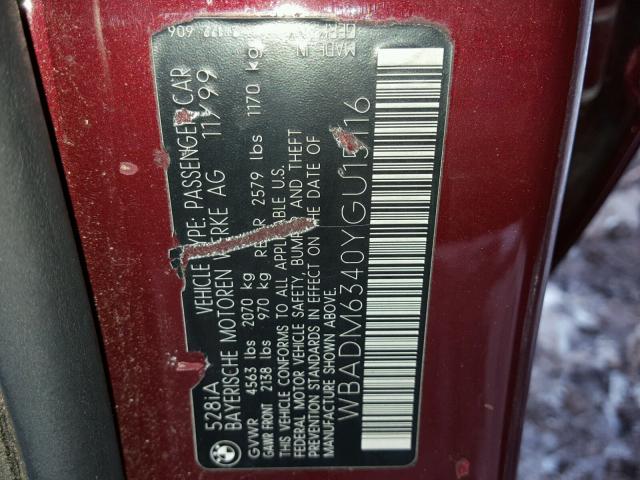 WBADM6340YGU15116 - 2000 BMW 528 I AUTO RED photo 10