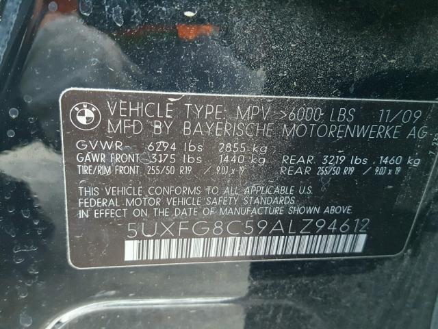 5UXFG8C59ALZ94612 - 2010 BMW X6 XDRIVE5 შავი ფოტო 10