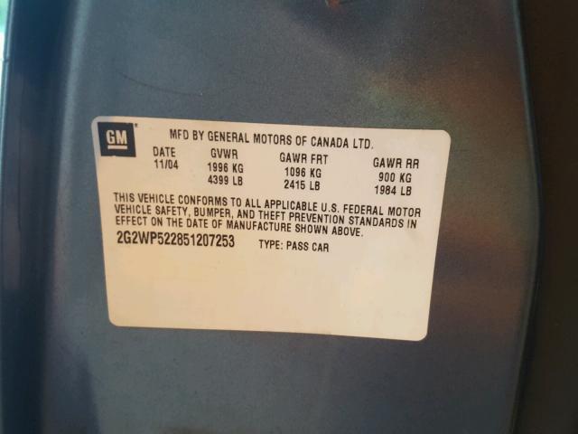 2G2WP522851207253 - 2005 PONTIAC GRAND PRIX GRAY photo 10