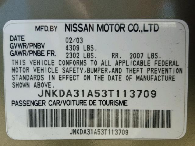 JNKDA31A53T113709 - 2003 INFINITI I35 GREEN photo 10