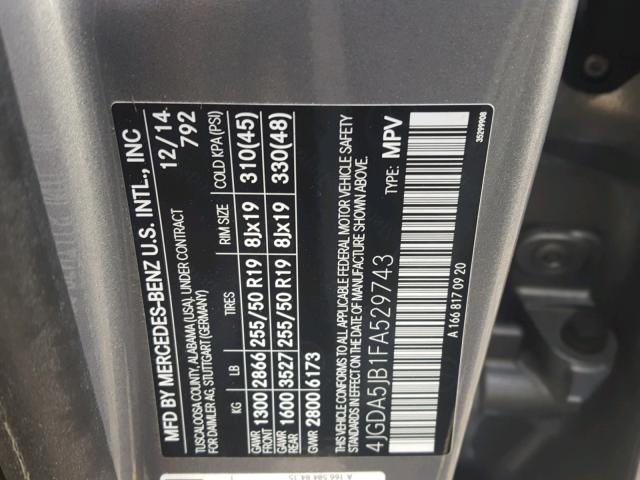 4JGDA5JB1FA529743 - 2015 MERCEDES-BENZ ML 350 GRAY photo 10