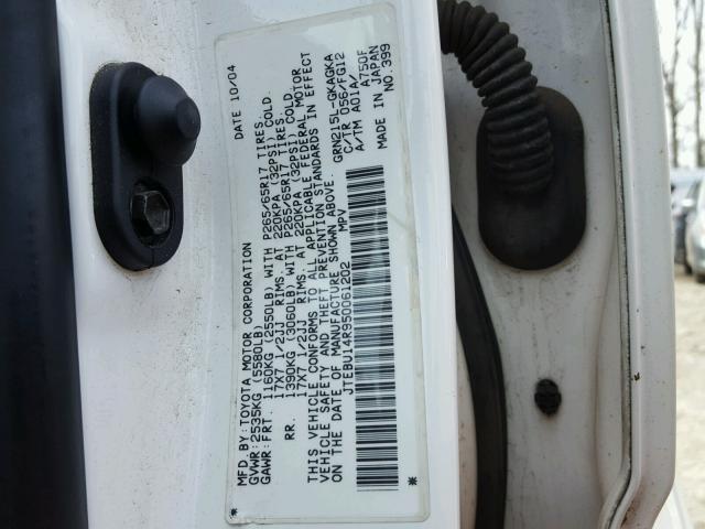 JTEBU14R950061202 - 2005 TOYOTA 4RUNNER SR WHITE photo 10