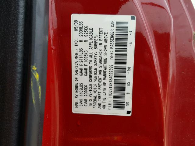 1HGCS12818A022399 - 2008 HONDA ACCORD EXL RED photo 10