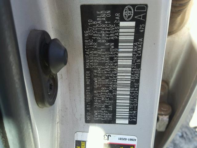 2T1BU4EE8AC418239 - 2010 TOYOTA COROLLA BA SILVER photo 10