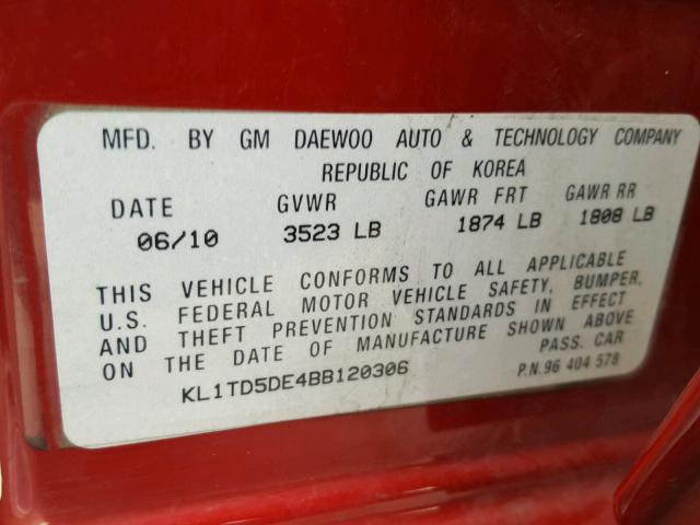 KL1TD5DE4BB120306 - 2011 CHEVROLET AVEO LS 红色 照片 10