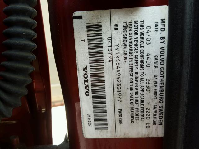 YV1RS64A942331977 - 2004 VOLVO S60 RED photo 10