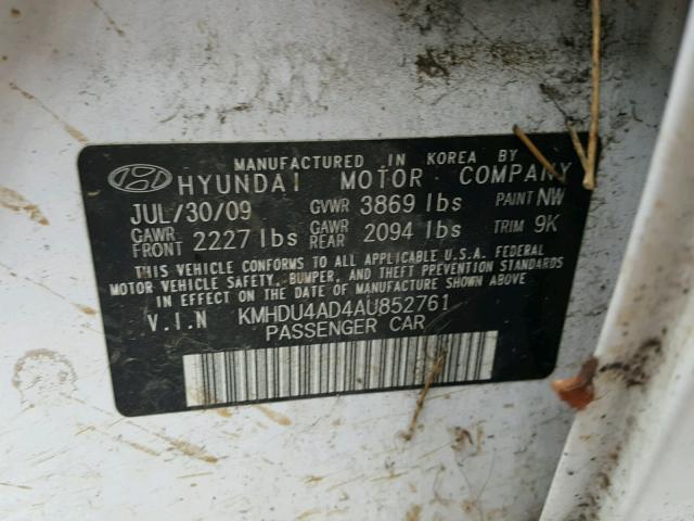 KMHDU4AD4AU852761 - 2010 HYUNDAI ELANTRA BL WHITE photo 10