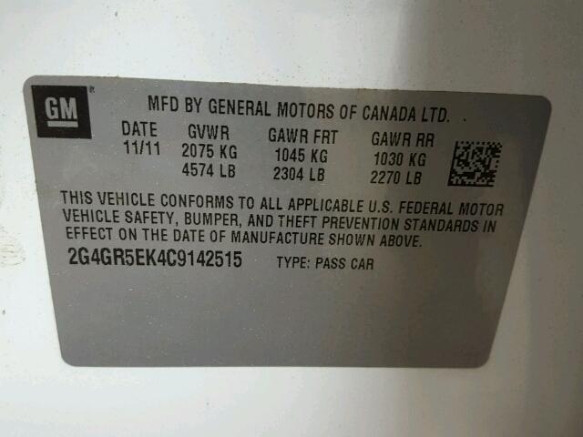 2G4GR5EK4C9142515 - 2012 BUICK REGAL WHITE photo 10