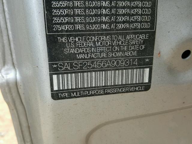 SALSF25456A909314 - 2006 LAND ROVER RANGE ROVE SILVER photo 10