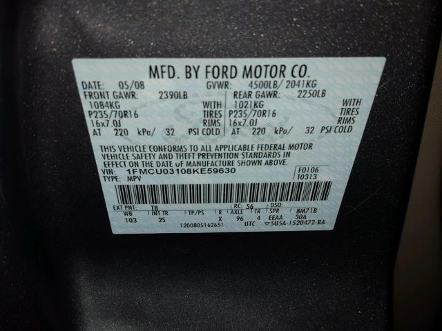 1FMCU03108KE59630 - 2008 FORD ESCAPE XLT GRAY photo 10