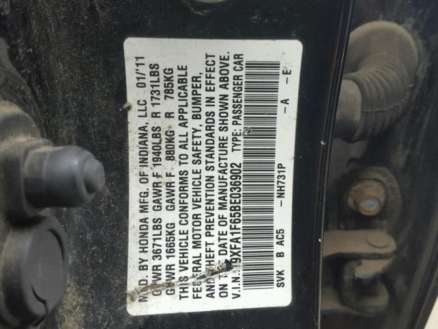 19XFA1F65BE036902 - 2011 HONDA CIVIC LX-S შავი ფოტო 10