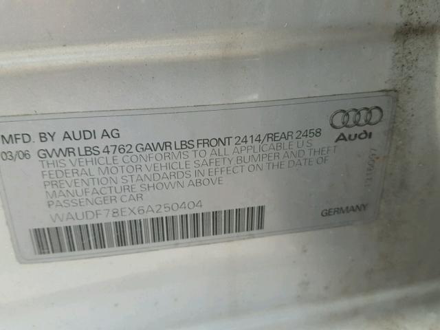 WAUDF78EX6A250404 - 2006 AUDI A4 2.0T QU GRAY photo 10