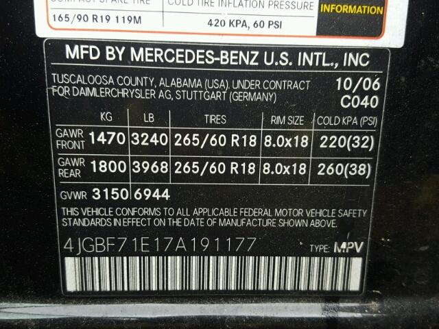 4JGBF71E17A191177 - 2007 MERCEDES-BENZ GL 450 4MA BLACK photo 10