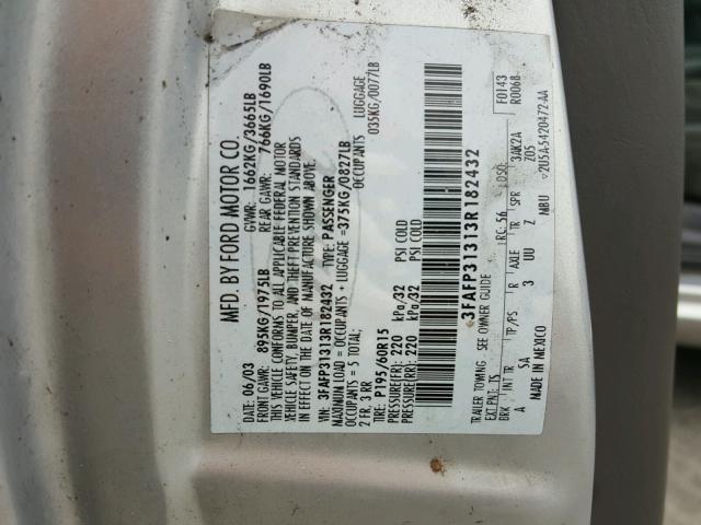 3FAFP31313R182432 - 2003 FORD FOCUS ZX3 GRAY photo 10