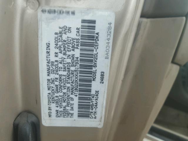 4T1BG22KXXU517934 - 1999 TOYOTA CAMRY CE TAN photo 10