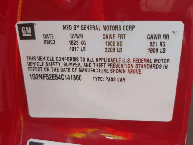 1G2NF52E54C141360 - 2004 PONTIAC GRAND AM S 红色 照片 10