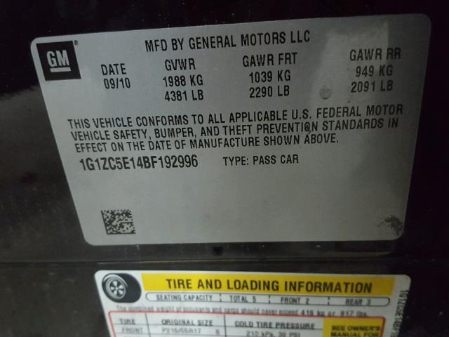 1G1ZC5E14BF192996 - 2011 CHEVROLET MALIBU 1LT 黑色 照片 10