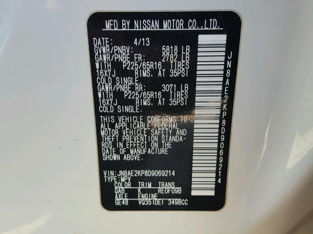 JN8AE2KP8D9069214 - 2013 NISSAN QUEST S WHITE photo 10