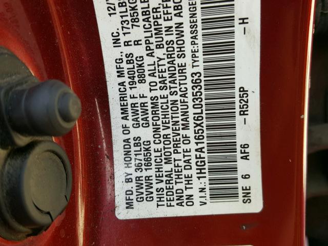 1HGFA165X6L035363 - 2006 HONDA CIVIC LX RED photo 10