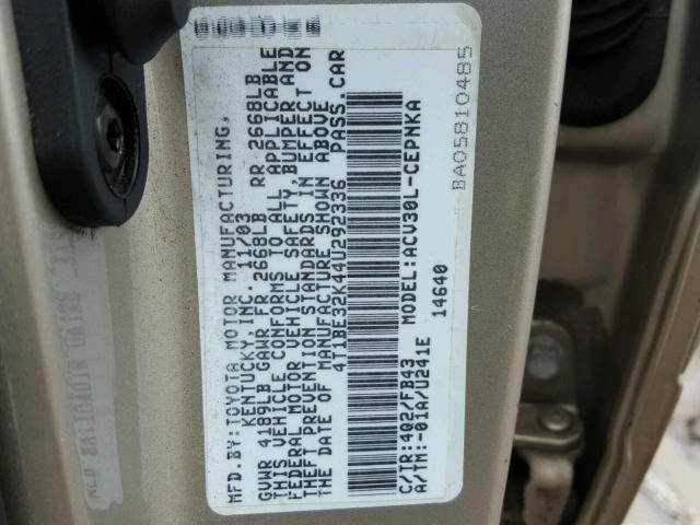 4T1BE32K44U292336 - 2004 TOYOTA CAMRY LE GOLD photo 10