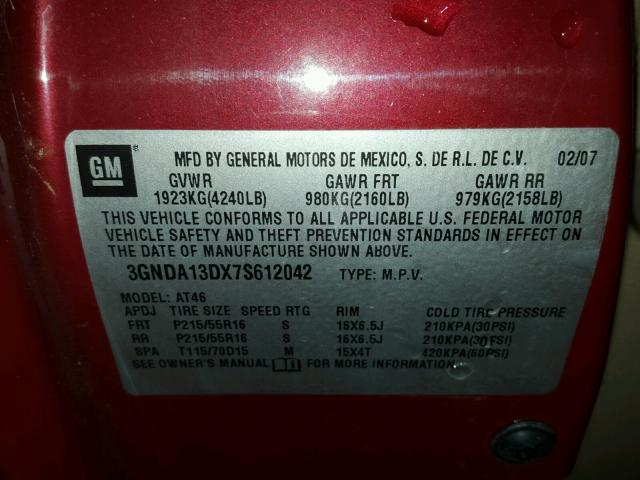 3GNDA13DX7S612042 - 2007 CHEVROLET HHR LS MAROON photo 10