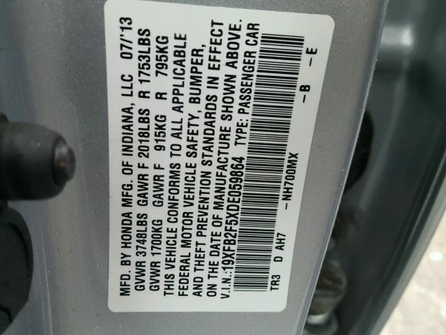 19XFB2F5XDE059864 - 2013 HONDA CIVIC LX SILVER photo 10