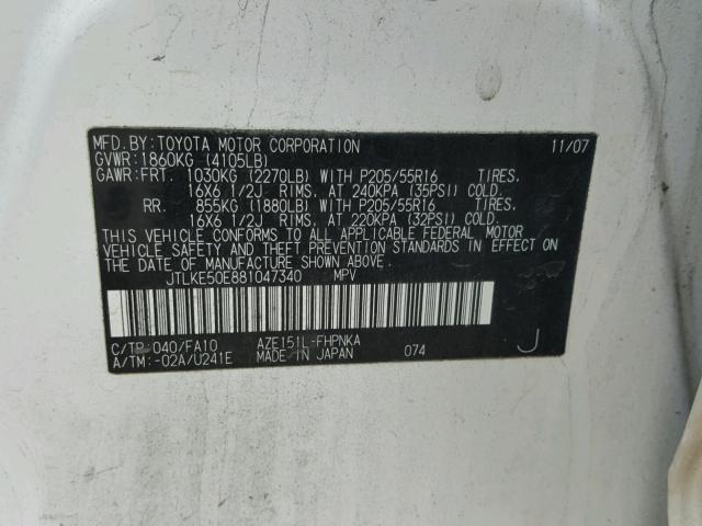 JTLKE50E881047340 - 2008 TOYOTA SCION XB თეთრი ფოტო 10