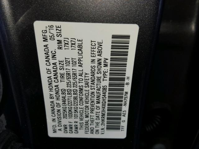 2HKRM3H4XGH544085 - 2016 HONDA CR-V SE GRAY photo 10