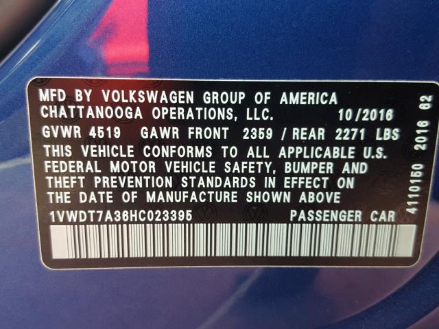 1VWDT7A36HC023395 - 2017 VOLKSWAGEN PASSAT R-L BLUE photo 10