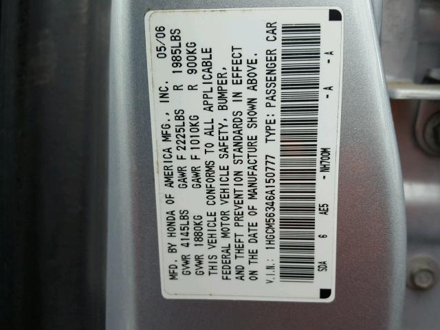 1HGCM56346A150777 - 2006 HONDA ACCORD SE SILVER photo 10