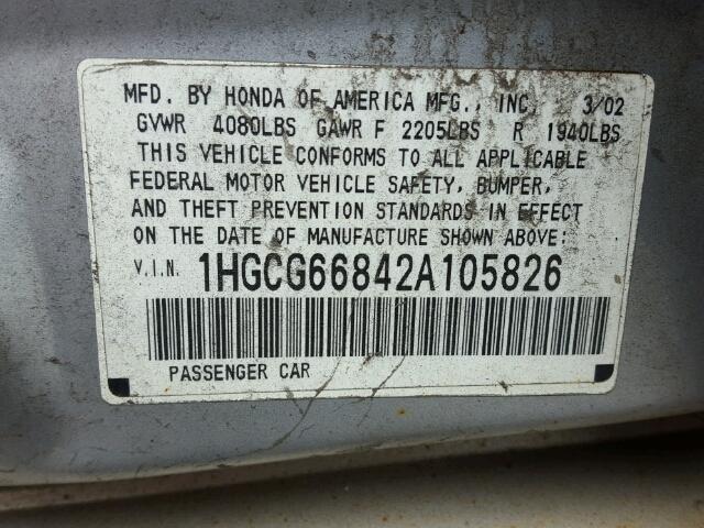 1HGCG66842A105826 - 2002 HONDA ACCORD EX SILVER photo 10