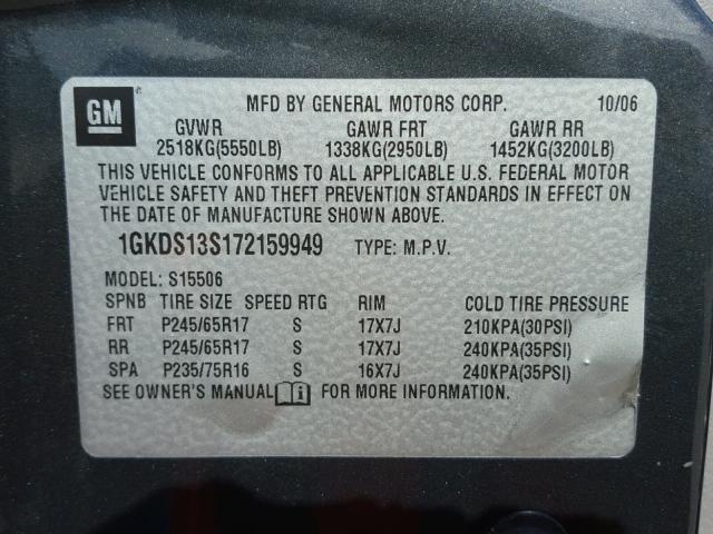 1GKDS13S172159949 - 2007 GMC ENVOY GRAY photo 10