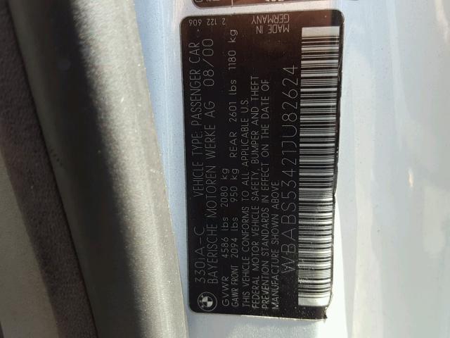 WBABS53421JU82624 - 2001 BMW 330 CI SILVER photo 10