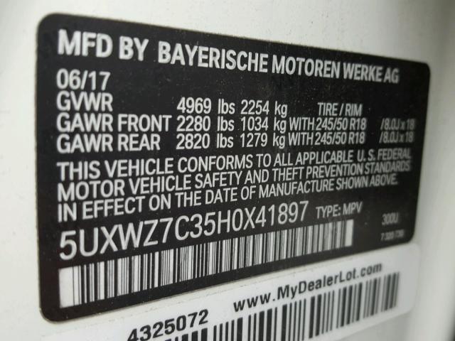 5UXWZ7C35H0X41897 - 2017 BMW X3 SDRIVE2 Білий фото 10