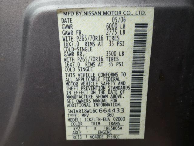 5N1AR18W16C664433 - 2006 NISSAN PATHFINDER GRAY photo 10