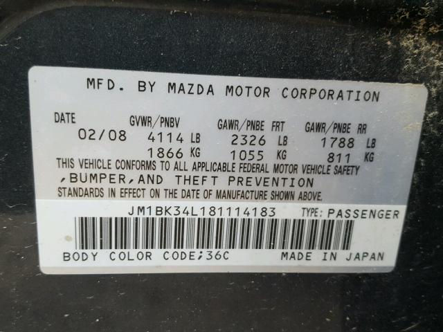 JM1BK34L181114183 - 2008 MAZDA SPEED 3 GRAY photo 10