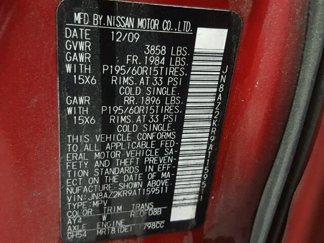 JN8AZ2KR9AT159511 - 2010 NISSAN CUBE BASE RED photo 10