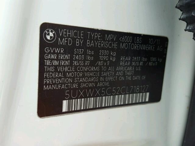 5UXWX5C52CL718127 - 2012 BMW X3 XDRIVE2 WHITE photo 10