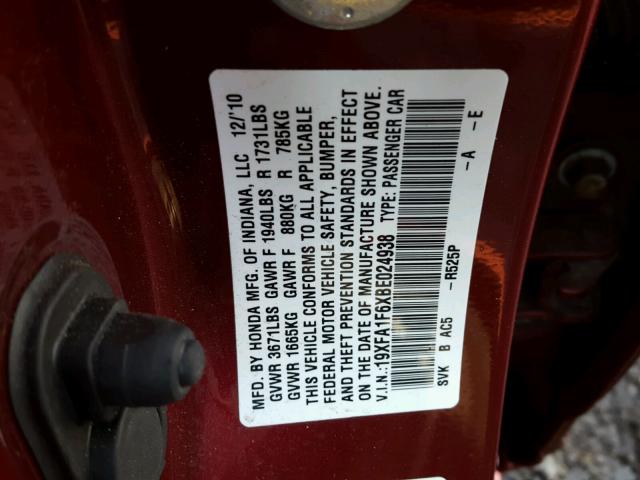 19XFA1F6XBE024938 - 2011 HONDA CIVIC LX-S Rot Foto 10