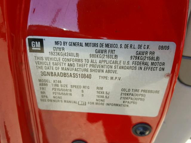 3GNBAADB5AS510840 - 2010 CHEVROLET HHR LS RED photo 10