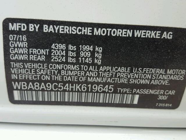 WBA8A9C54HK619645 - 2017 BMW 320 I WHITE photo 10