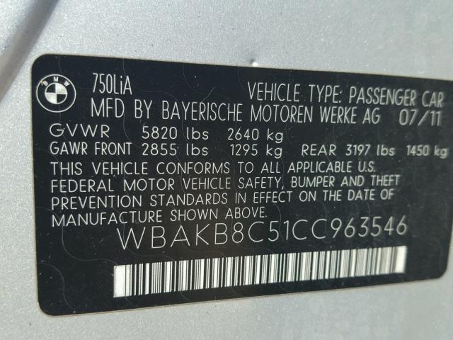 WBAKB8C51CC963546 - 2012 BMW 750LI SILVER photo 10