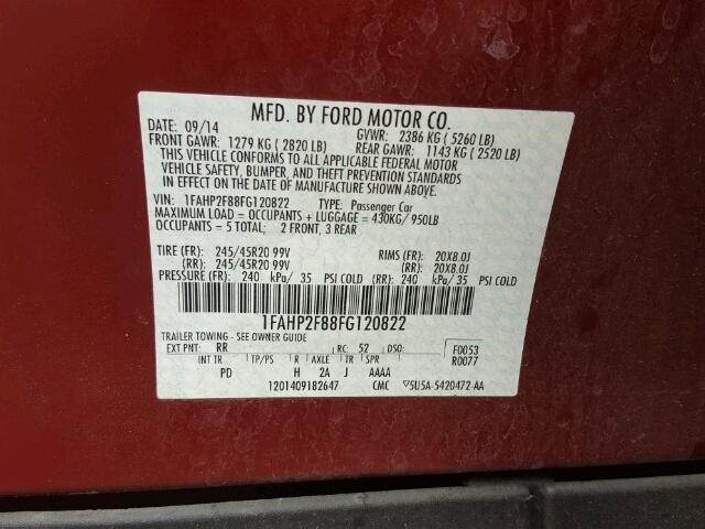 1FAHP2F88FG120822 - 2015 FORD TAURUS LIM RED photo 10