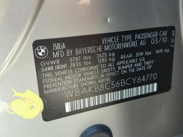 WBAKB8C56BCY64770 - 2011 BMW 750LI SILVER photo 10