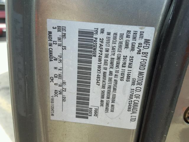 2FAFP74W1WX148347 - 1998 FORD CROWN VICT GRAY photo 10