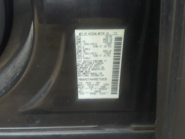 1N6AA07A44N575806 - 2004 NISSAN TITAN XE GRAY photo 10