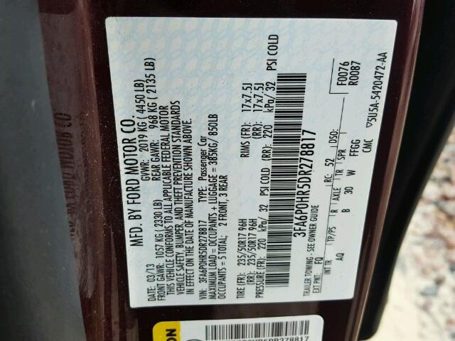 3FA6P0HR5DR278817 - 2013 FORD FUSION SE BURGUNDY photo 10