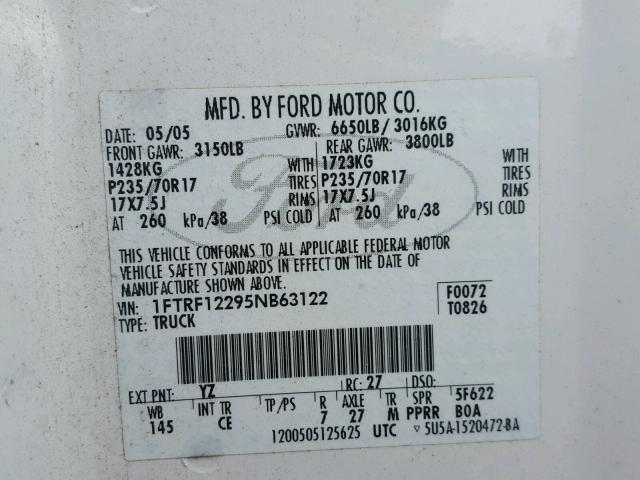 1FTRF12295NB63122 - 2005 FORD F150 WHITE photo 10