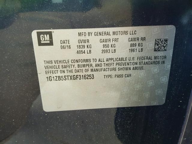 1G1ZB5STXGF316253 - 2016 CHEVROLET MALIBU LS BLUE photo 10